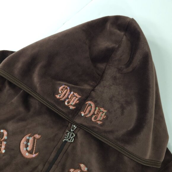 BCBG MAXAZRIA BROWN VELVET VELOUR EMBROIDERED HOODED SWEATER WOMEN'S SIZE LARGE - Picture 8 of 16